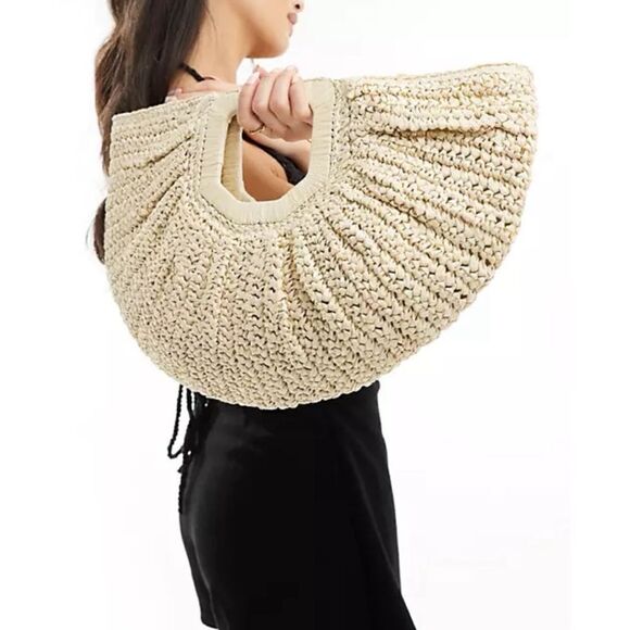 Lulla Collection Saint Tropez  half moon crochet Straw clutch bag in cream ho - Picture 2 of 7